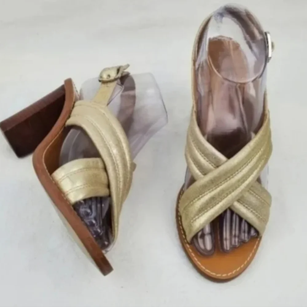 J.Crew Gold leather chunky heel sandals size 7